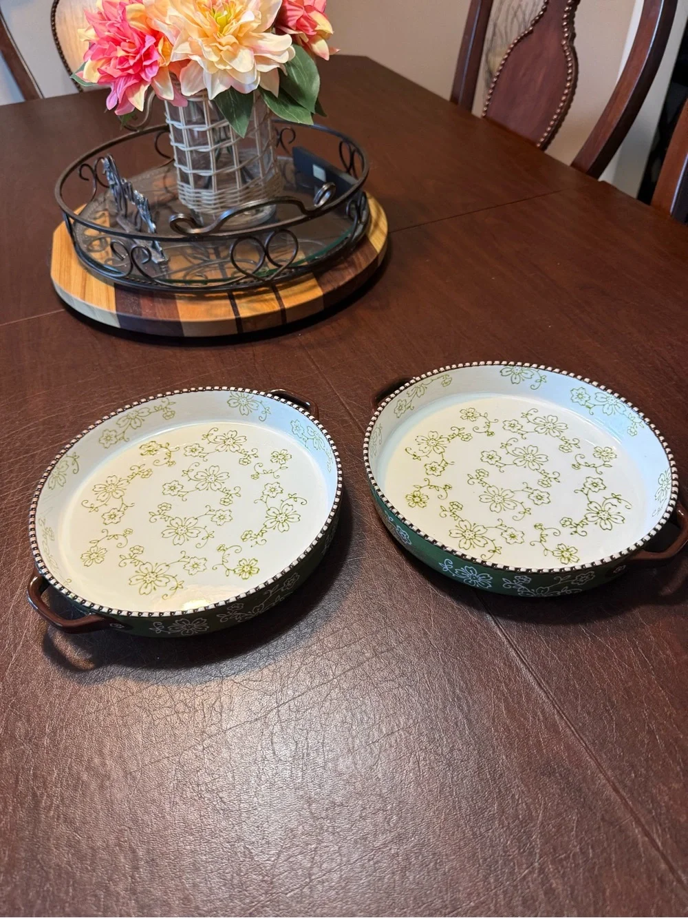 Avla 2 pack ceramic pie pan, 9 inch round baking dish with double green